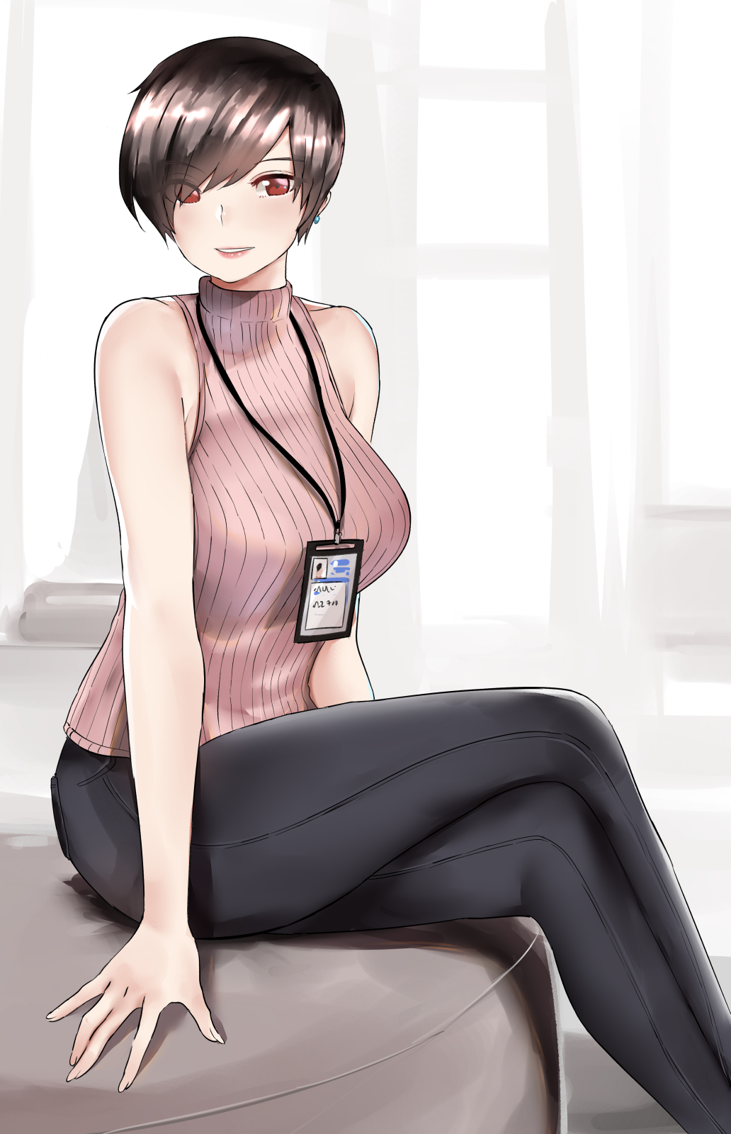 1girl arms_at_sides bare_arms bare_shoulders black_pants breasts brown_hair cushion eyebrows_visible_through_hair eyes_visible_through_hair feet_out_of_frame hair_over_one_eye highres id_card large_breasts legs_crossed lips norman_maggot office_lady ol-chan_(norman_maggot) original pants parted_lips pink_sweater red_eyes shiny shiny_hair short_hair sitting sketch smile solo sweater tight tight_pants