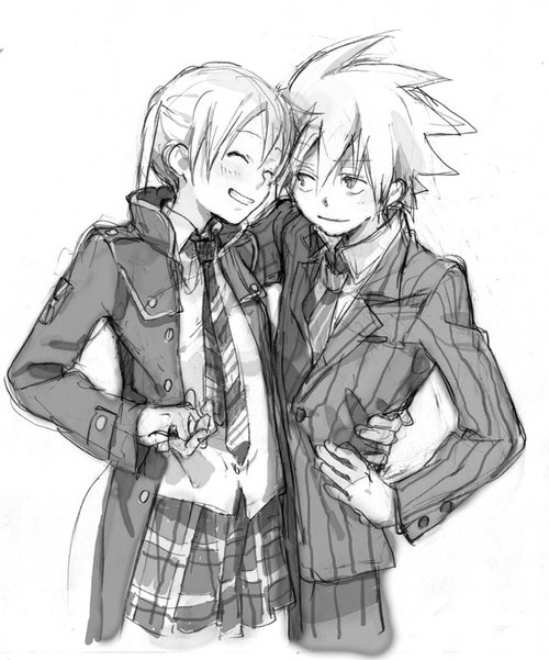 00s 1boy 1girl hug maka_albarn monochrome necktie niwa soul_eater soul_eater_(character) twintails