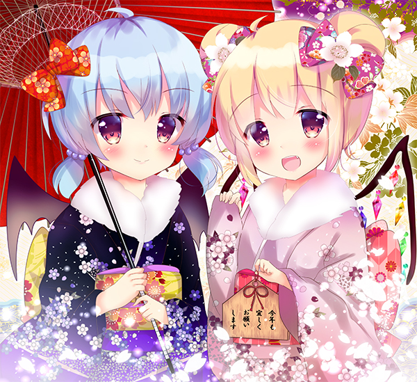 2girls :d bangs bat_wings black_kimono black_wings blonde_hair blue_hair blush bow brown_eyes closed_mouth commentary_request crystal double_bun ema eyebrows_visible_through_hair fang flandre_scarlet floral_print fur_collar hair_between_eyes hair_bow holding holding_umbrella japanese_clothes kimono long_sleeves looking_at_viewer multiple_girls new_year obi open_mouth oriental_umbrella pinching_sleeves pink_kimono print_bow print_kimono purple_bow remilia_scarlet rikatan sash siblings side_bun sisters smile touhou umbrella wide_sleeves wings