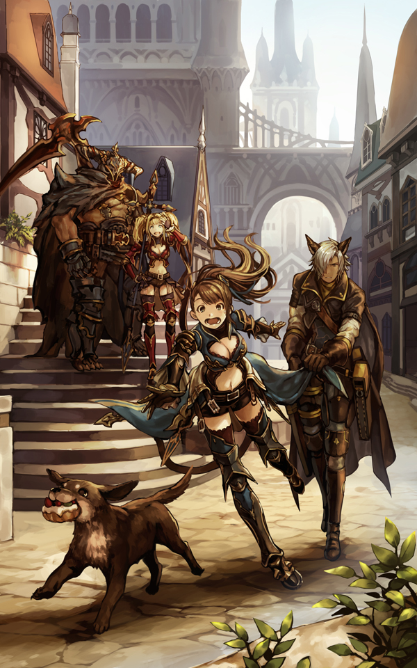 2boys 2girls animal_ears armor armored_boots bag bangs beatrix_(granblue_fantasy) blonde_hair boots breasts brown_hair cape cape_tug city cleavage d: dark_skin dark_skinned_male dog doraf erun_(granblue_fantasy) eustace_(granblue_fantasy) fantasy floating_hair food_theft frown gauntlets gloves granblue_fantasy greaves grey_hair hair_over_one_eye half-timbered height_difference helm helmet horned_helmet looking_at_another medium_breasts midriff multiple_boys multiple_girls navel open_mouth outdoors outstretched_hand polearm ponytail reaching road satchel scythe short_shorts shorts spear stairs standing surprised thigh-highs town twintails vaseraga weapon zeta_(granblue_fantasy) zinnkousai3850