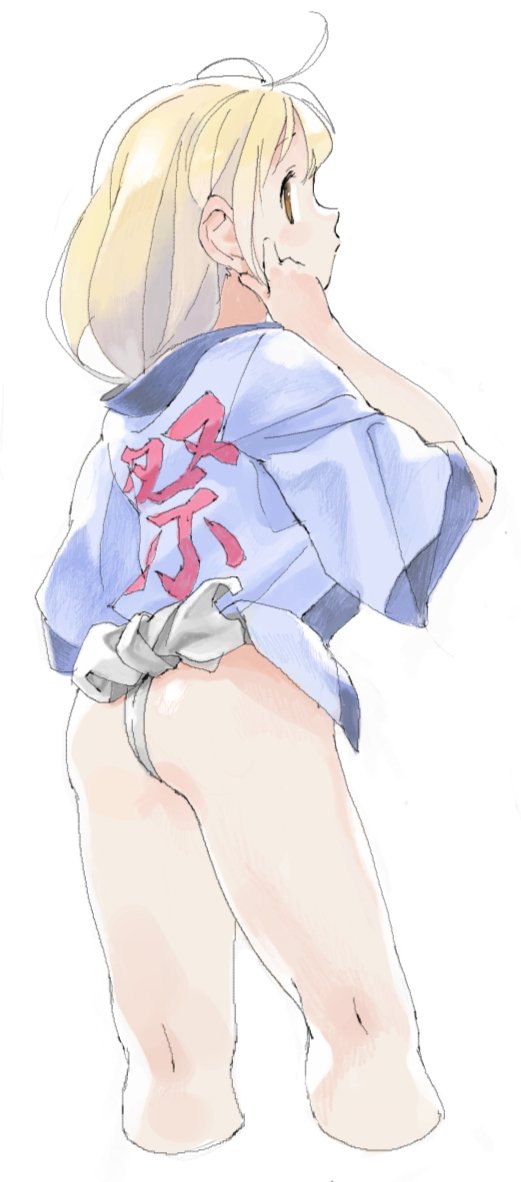 1girl ahoge arm_up ass bangs bare_arms bare_legs blonde_hair brown_eyes clothes_writing cowboy_shot cropped_legs eyebrows eyebrows_visible_through_hair flat_ass from_behind fronttire fundoshi futaba_anzu hair_between_eyes hand_on_own_face idolmaster idolmaster_cinderella_girls japanese_clothes kanji kneepits long_hair looking_away simple_background solo standing tareme white_background wide_sleeves