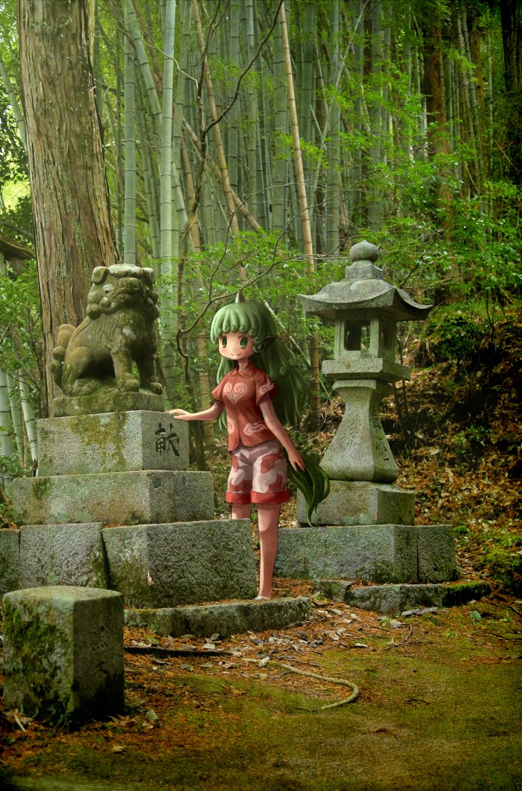 1girl arinu bamboo bamboo_forest commentary_request curly_hair forest green_eyes green_hair heart horn kariyushi_shirt komainu komano_aun long_hair looking_at_viewer moss nature outdoors pedestal photo_background pointy_ears short_sleeves shorts smile solo stone_lantern tail touhou translation_request tree