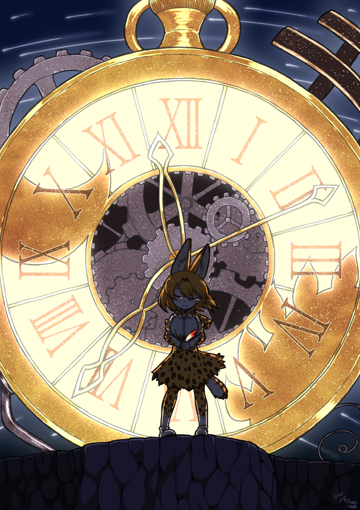 1girl analog_clock animal_ears artist_name blonde_hair bow bowtie cliff clock closed_eyes crescent dated elbow_gloves eyebrows_visible_through_hair feathers gears giant_object gloves high-waist_skirt holding itsuki_(kisaragi) kemono_friends pocket_watch print_gloves print_legwear print_neckwear print_skirt roman_numerals serval_(kemono_friends) serval_ears serval_print serval_tail shirt signature skirt sleeveless sleeveless_shirt smile solo standing sun_(symbol) tail tears time_lapse watch yellow_gloves yellow_legwear yellow_neckwear