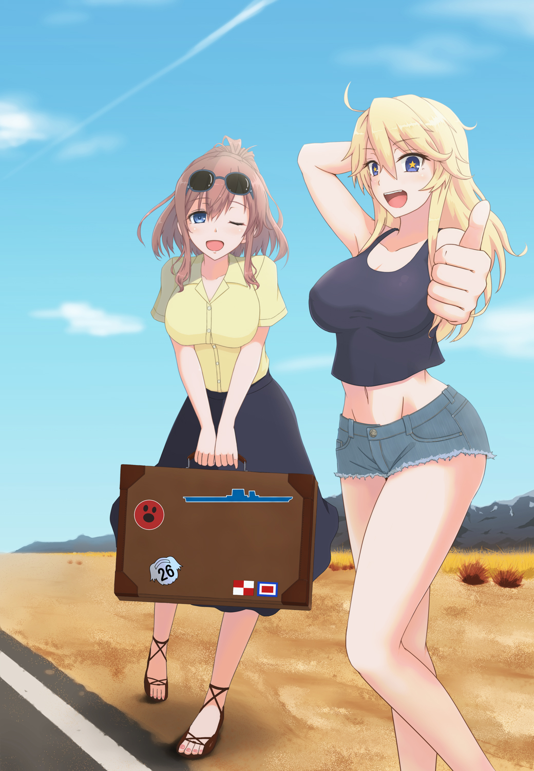 2girls alternate_costume black_shirt black_skirt blonde_hair blue_eyes blue_sky breasts brown_hair casual condensation_trail denim denim_shorts desert eyewear_on_head hair_between_eyes highres hitchhiking iowa_(kantai_collection) kantai_collection kodama_(user_rnfr3534) large_breasts long_skirt luggage multiple_girls outdoors perspective ponytail road saratoga_(kantai_collection) shirt shorts side_ponytail sidelocks skirt sky sleeveless sleeveless_shirt star star-shaped_pupils symbol-shaped_pupils thumbs_up yellow_shirt