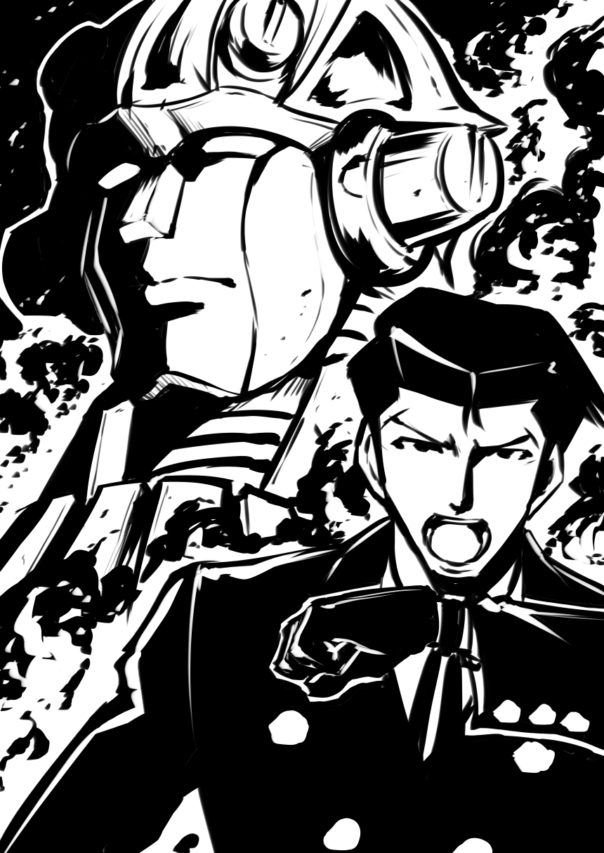 1boy big_o_(mecha) black_gloves black_hair formal gloves greyscale highres kanno_takanori mecha monochrome necktie open_mouth roger_smith smoke suit the_big_o watch watch