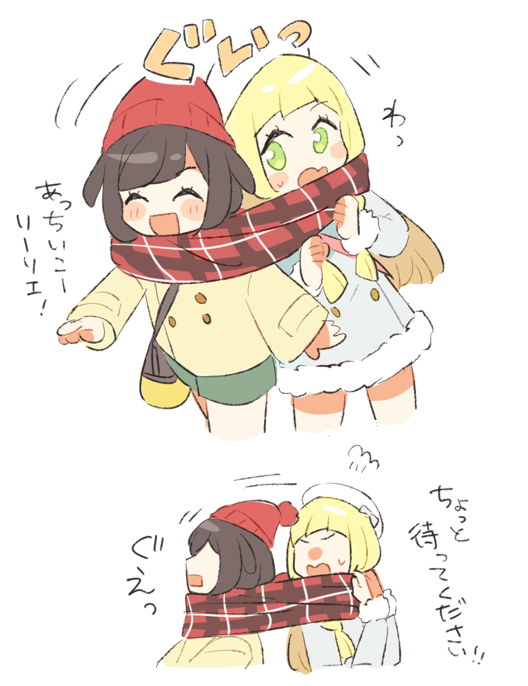 2girls :d ^_^ ^o^ alternate_costume angry bag beanie beret blonde_hair blue_coat blush_stickers braid chibi closed_eyes coat comic cropped_legs double-breasted faceless faceless_female flying_sweatdrops fume fur-trimmed_sleeves fur_trim green_eyes green_shorts happy hat lillie_(pokemon) long_hair long_sleeves mizuki_(pokemon_sm) motion_lines multiple_girls open_mouth plaid plaid_scarf pointing pointing_forward pokemon pokemon_(game) pokemon_sm red_hat red_scarf scarf shared_scarf short_hair shorts shoulder_bag simple_background smile sweatdrop translation_request twin_braids unapoppo white_background white_hat winter_clothes winter_coat yellow_coat