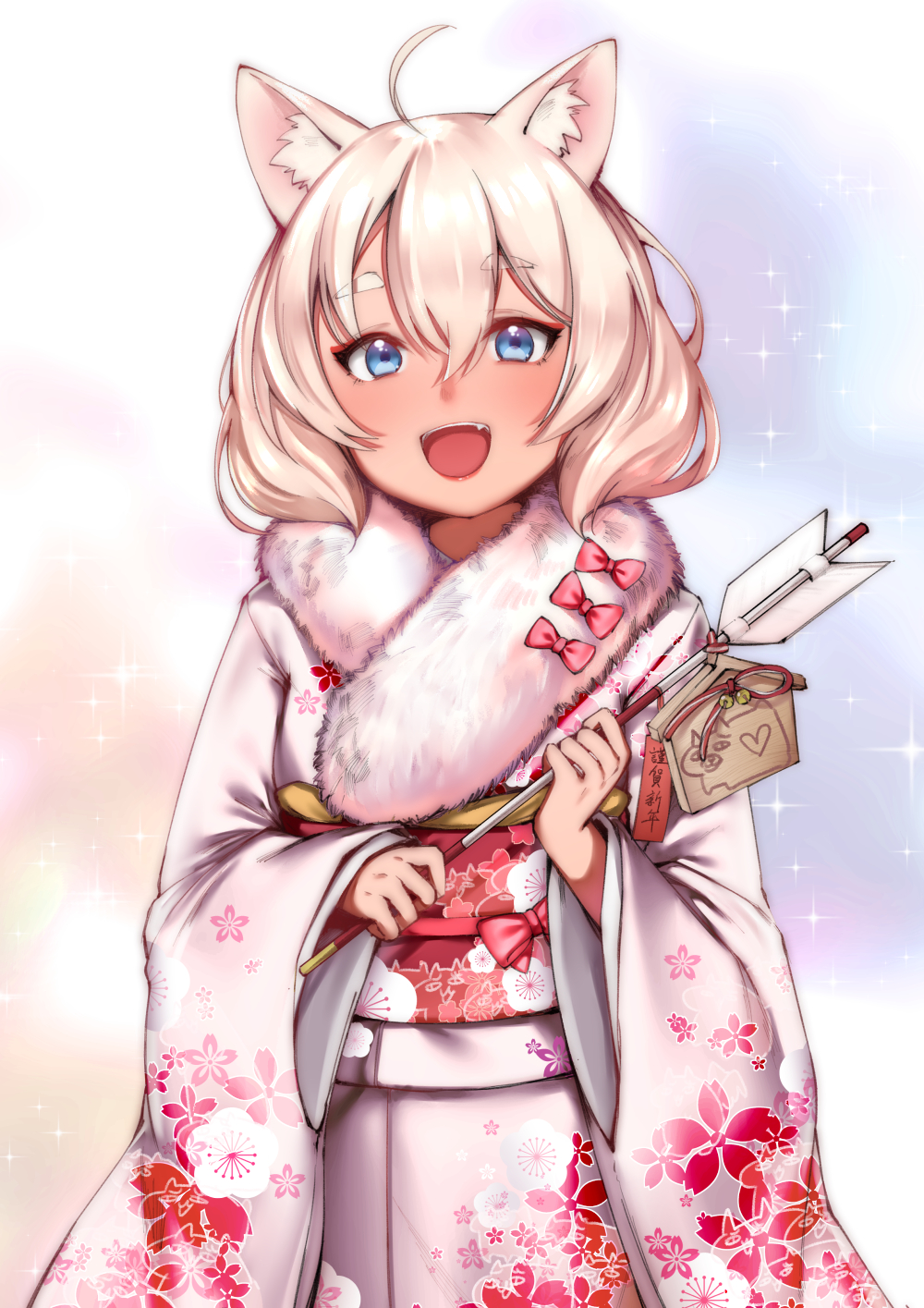 1girl :d ahoge animal_ears arrow bell blonde_hair blue_eyes blush bow cat_ears cowboy_shot ema eyebrows_visible_through_hair fang fur_collar fur_trim gradient gradient_background hair_between_eyes hamaya highres holding_arrow japanese_clothes jingle_bell kimono long_sleeves multicolored multicolored_background obi open_mouth original pink_bow red_ribbon ribbon sash shiny shiny_hair short_hair smile solo sparkle standing sunege_(hp0715) translated upper_body white_kimono wide_sleeves