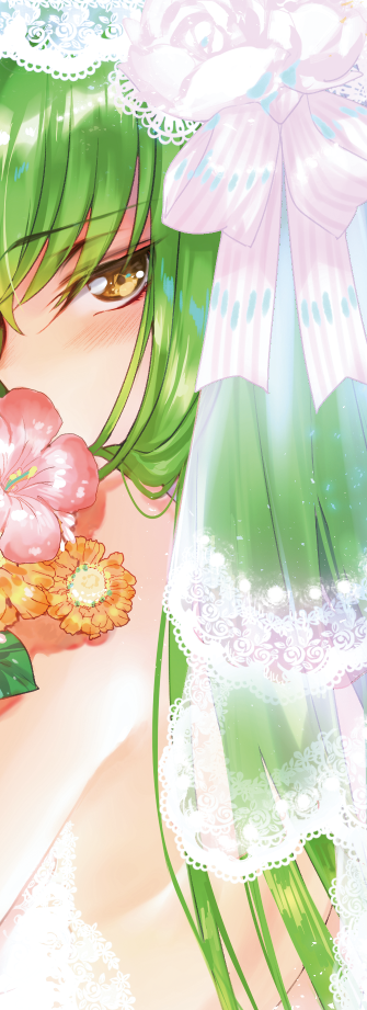 1girl bangs bare_shoulders blush bouquet bridal_veil c.c. code_geass creayus eyebrows_visible_through_hair flower from_side green_hair long_hair looking_at_viewer looking_to_the_side pink_flower profile ribbon see-through shiny shiny_hair side_glance solo straight_hair tsurime upper_body veil white_ribbon yellow_eyes