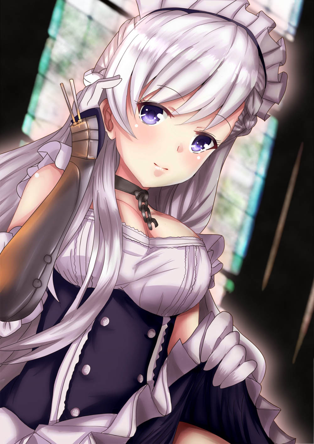 1girl apron azur_lane bangs belfast_(azur_lane) blush braid breasts chains cleavage closed_mouth collar collarbone commentary_request corset eyebrows_visible_through_hair fire_maxs french_braid frilled_apron frills gloves highres holding_skirt large_breasts long_hair looking_at_viewer maid maid_apron maid_headdress silver_hair solo white_gloves