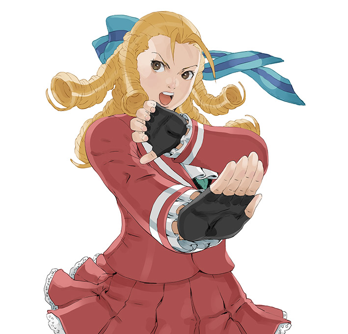 1girl :o antenna_hair black_gloves blonde_hair blue_bow bow brown_eyes fighting_stance fingerless_gloves gloves hair_bow kanzuki_karin long_hair looking_at_viewer nt_(gun-ash) red_skirt ringlets school_uniform skirt solo standing street_fighter