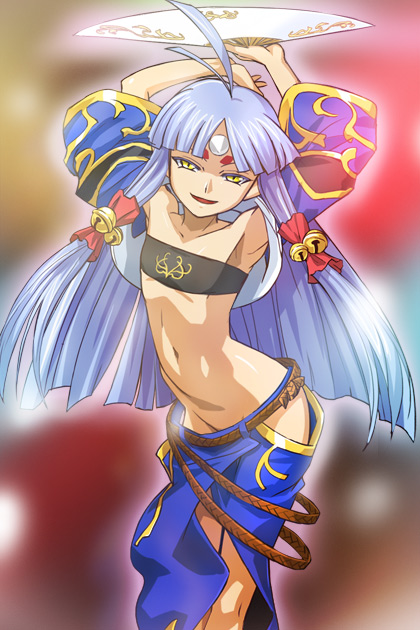 1girl ahoge armpits bandeau banpresto bell blue_hair facial_mark fan flat_chest forehead_mark hair_ornament hair_ribbon haruyama_kazunori horn horns long_hair midriff navel no_panties ribbon solo strapless super_robot_wars super_robot_wars_og_saga_mugen_no_frontier super_robot_wars_og_saga_mugen_no_frontier_exceed suzuka_hime tubetop yellow_eyes