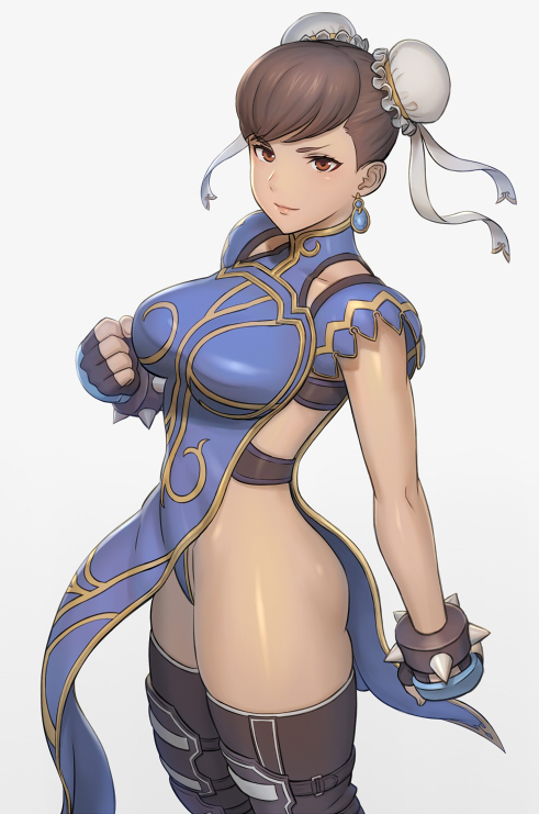 &gt;:) 1girl adapted_costume bangs bare_arms black_gloves black_legwear blue_leotard bracelet breasts brown_eyes brown_hair bun_cover chun-li clenched_hands closed_mouth earrings fingerless_gloves frills gloves grey_background jewelry large_breasts leotard light_smile looking_at_viewer noppo_(tarstation) pelvic_curtain short_hair simple_background sleeveless smile solo spiked_bracelet spikes standing street_fighter tabard thigh-highs thighs v-shaped_eyebrows