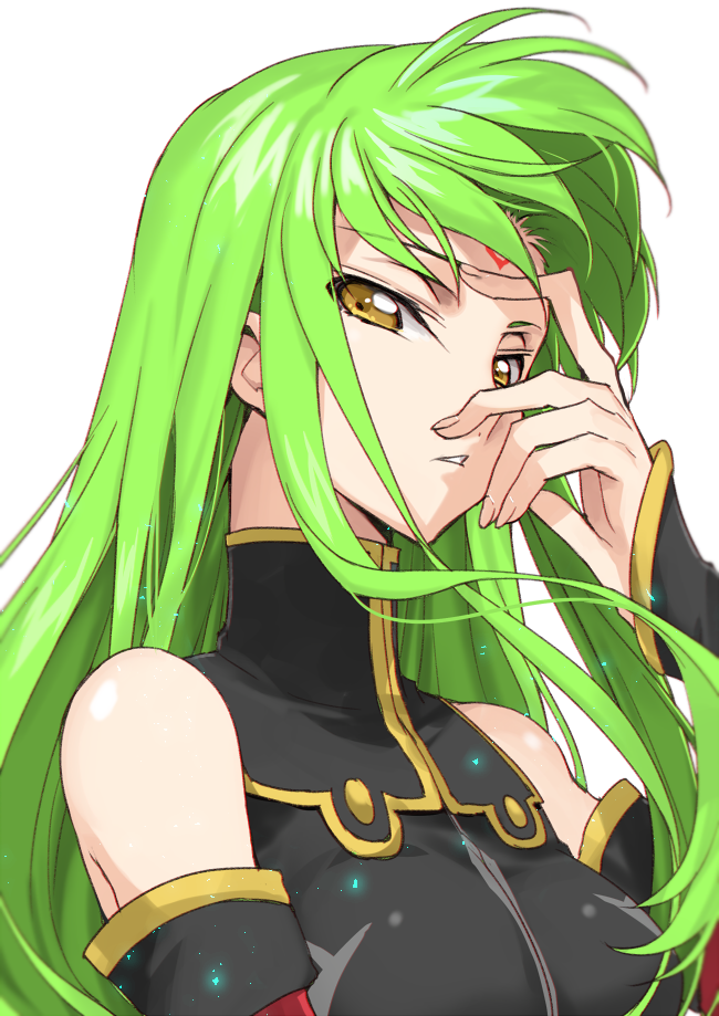 1girl bangs bare_shoulders black_dress breasts c.c. code_geass creayus dress eyebrows_visible_through_hair green_hair hand_over_face long_hair looking_at_viewer medium_breasts parted_lips simple_background solo turtleneck white_background yellow_eyes