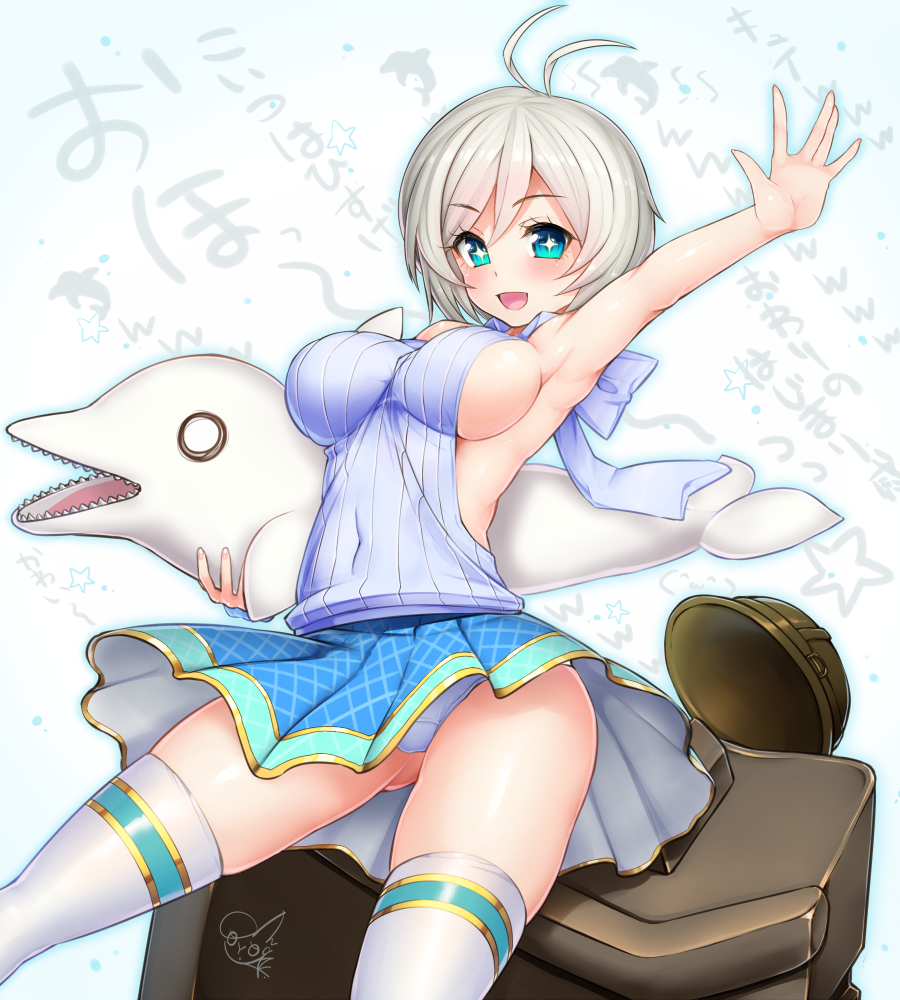 +_+ 1girl antenna_hair bare_arms bare_shoulders blue_eyes blush breasts character_doll dennou_shoujo_youtuber_shiro dolphin doyouwantto happy holding large_breasts leaning_forward looking_at_viewer no_bra open_mouth panties plaid shiro_(dennou_shoujo_youtuber_shiro) short_hair sideboob silver_hair sitting skirt smile solo star star-shaped_pupils symbol-shaped_pupils thigh-highs underwear wariza white_legwear wing_collar