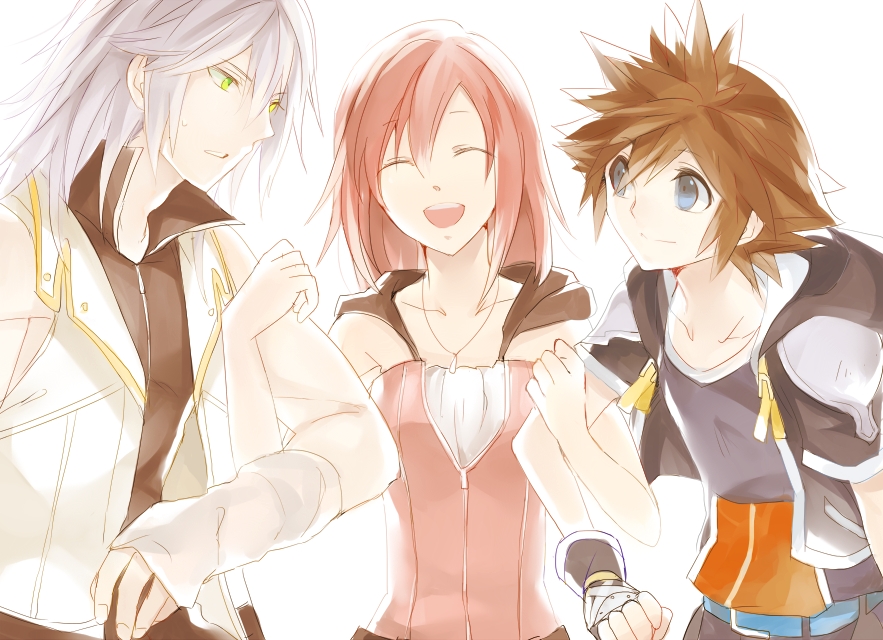 1girl bad_id bad_pixiv_id blue_eyes breasts brown_hair eyebrows_visible_through_hair gloves kairi_(kingdom_hearts) kingdom_hearts kingdom_hearts_ii long_hair multiple_boys redhead riku short_hair sora_(kingdom_hearts) umidesuyo