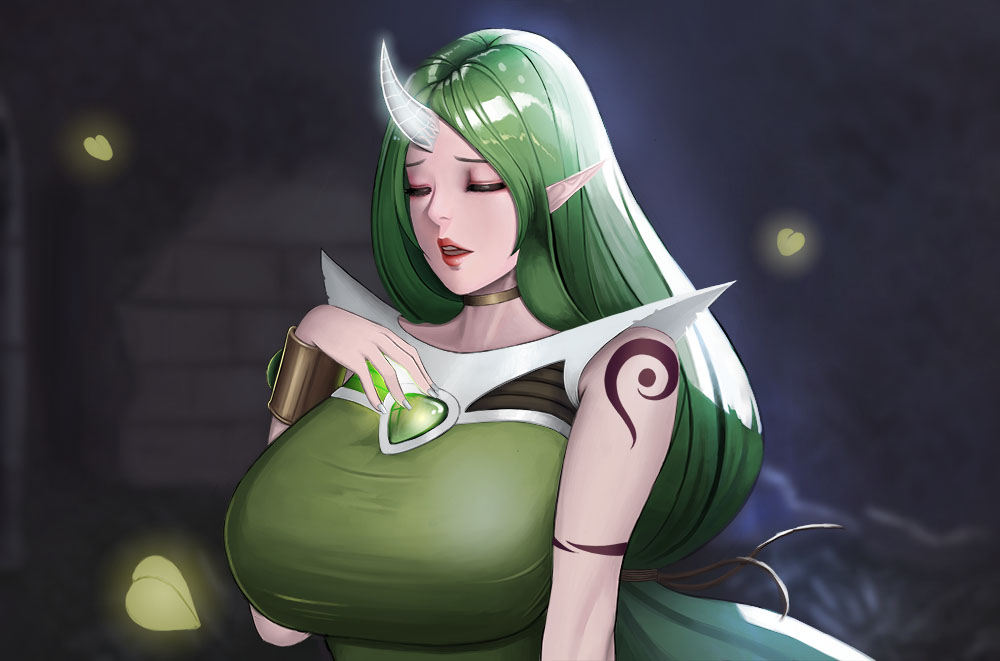 1girl alternate_costume alternate_hair_color alternate_skin_color breasts closed_eyes dryad_soraka facing_viewer green_eyes green_hair hand_up horn huge_breasts jewelry league_of_legends lipstick long_hair makeup merrick pointy_ears ponytail solo soraka standing tattoo very_long_hair