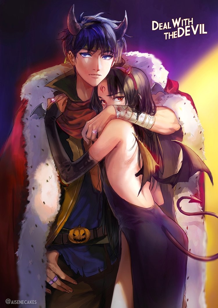 2boys animal_ears artist_request ass black_hair blue_eyes blue_hair cape demon demon_wings dress facial_tattoo fire_emblem fire_emblem:_souen_no_kiseki fire_emblem_heroes headband ike long_hair looking_at_viewer male_focus multiple_boys red_eyes short_hair soren tattoo trap werewolf wings