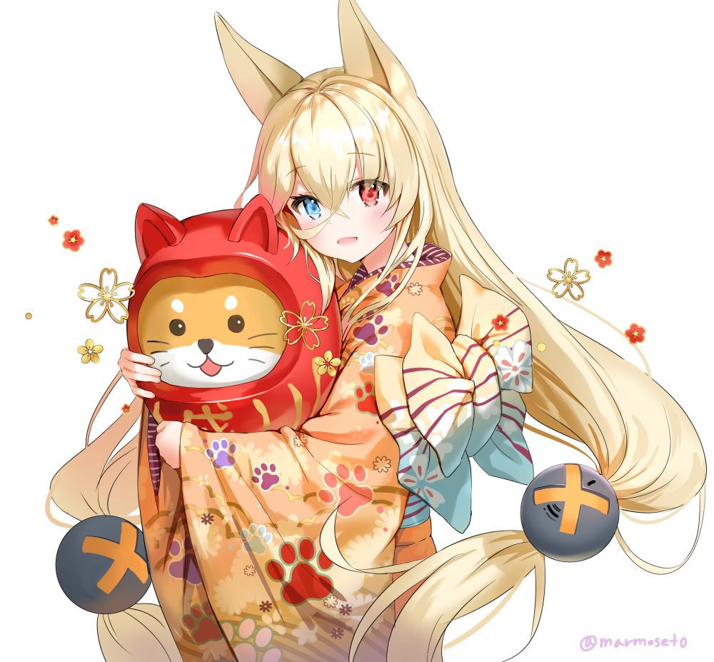 1girl alternate_costume animal_ears bangs blonde_hair blue_eyes blush breasts crossed_bangs eyebrows_visible_through_hair eyes_visible_through_hair floating_hair flower fox_ears g41_(girls_frontline) girls_frontline hair_between_eyes heterochromia holding hug japanese_clothes kimono long_hair looking_at_viewer low_twintails marmoset_(marmoset0) obi open_mouth paw_print_pattern red_eyes sash simple_background small_breasts smile solo twintails twitter_username very_long_hair white_background wide_sleeves