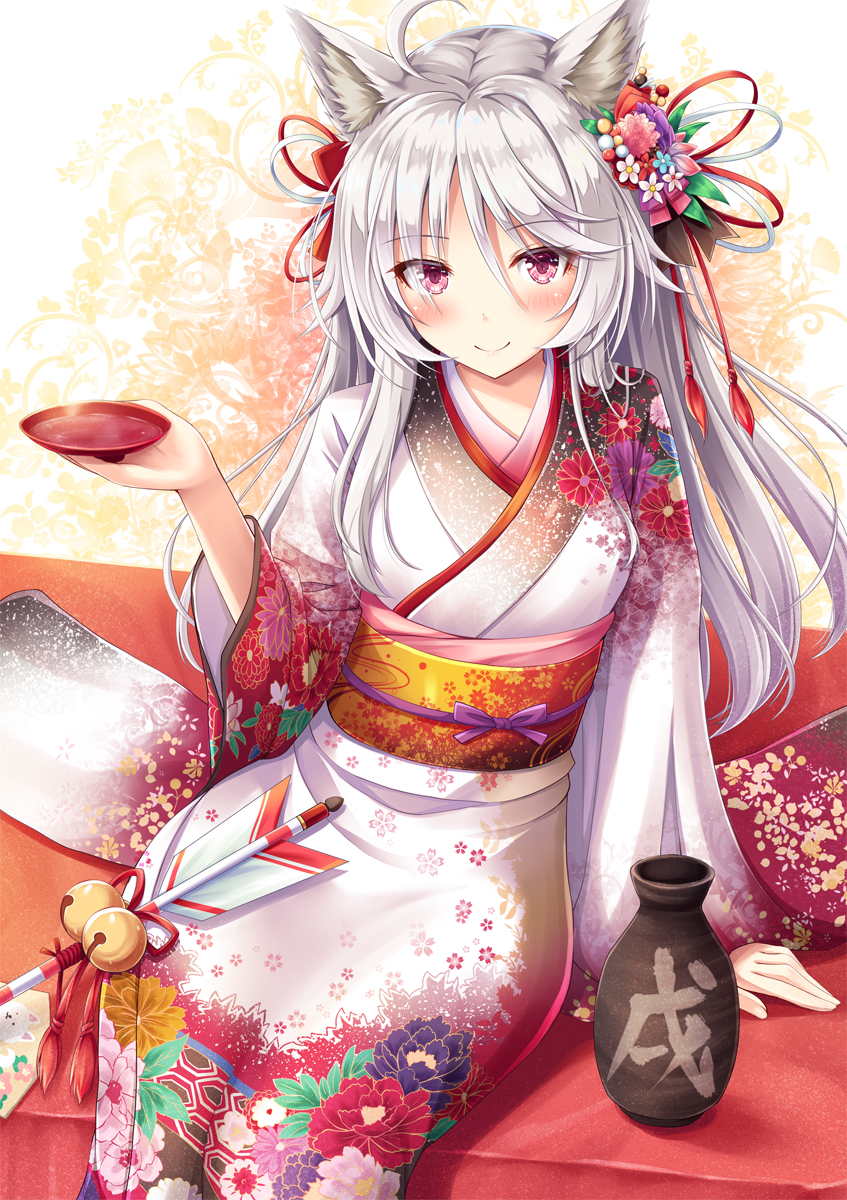 1girl ahoge akashio_(loli_ace) alcohol animal_ears arrow bell blush bottle chinese_zodiac cup dog_ears eyebrows_visible_through_hair floral_print flower hair_flower hair_ornament hamaya highres holding holding_sakazuki japanese_clothes jingle_bell kimono long_hair long_sleeves looking_at_viewer obi original sakazuki sake sake_bottle sash silver_hair sitting smile solo violet_eyes wide_sleeves year_of_the_dog