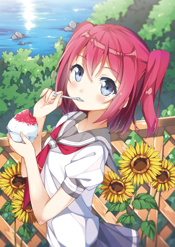 1girl aqua_eyes bangs blue_skirt blush bowl closed_mouth commentary_request day eating eyebrows_visible_through_hair facing_to_the_side fence flower food grey_sailor_collar hair_between_eyes holding holding_food holding_spoon kurosawa_ruby looking_at_viewer love_live! love_live!_school_idol_project love_live!_sunshine!! neckerchief ocean outdoors puffy_sleeves red_neckwear redhead rock sailor_collar school_uniform serafuku shaved_ice short_hair short_sleeves skirt spoon spoon_in_mouth standing sunflower sweets taiyaki_(astre) tree two_side_up