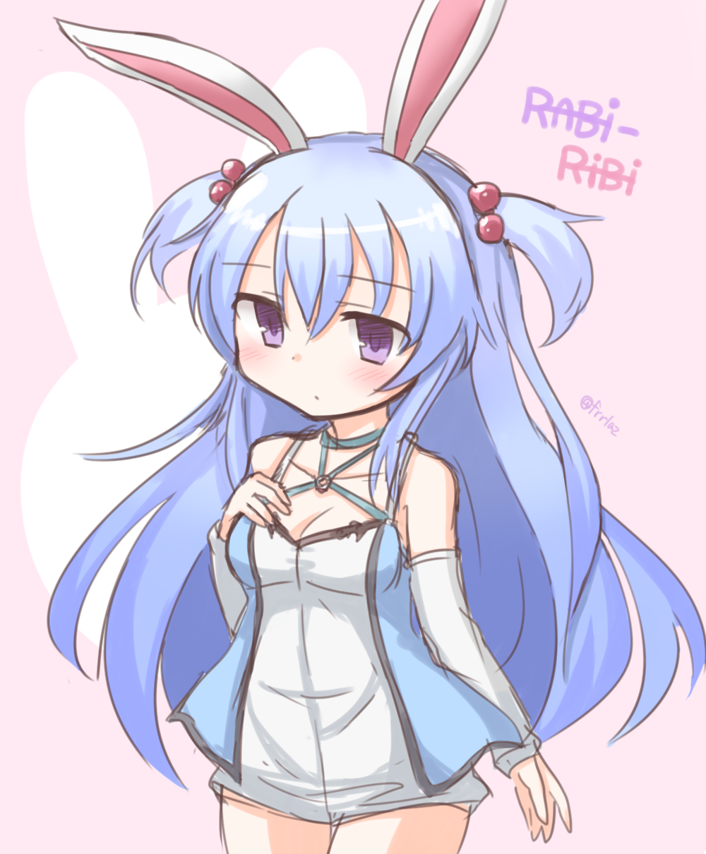 1girl animal_ears bare_shoulders blue_hair blush bow closed_mouth commentary copyright_name cowboy_shot detached_sleeves dress expressionless frr_(akf-hs) hair_bobbles hair_ornament hand_on_own_chest highres long_hair noah_(rabi_ribi) pink_bow rabbit_ears rabi-ribi simple_background sketch solo two_side_up very_long_hair violet_eyes