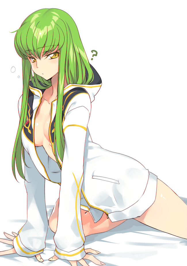 1girl ? arm_support bare_legs bed_sheet blush breasts c.c. cleavage closed_mouth code_geass creayus green_hair hood hood_down hooded_jacket jacket kneeling long_hair long_sleeves looking_at_viewer medium_breasts naked_coat open_clothes open_jacket shiny shiny_hair sidelocks simple_background sleeves_past_wrists solo straight_hair thighs tsurime unzipped very_long_hair white_background white_jacket yellow_eyes