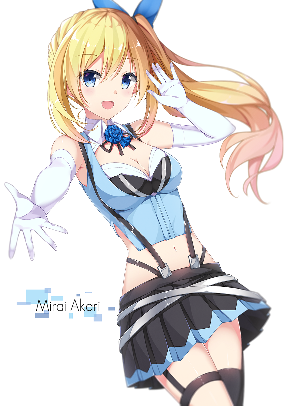 1girl :d bangs bare_shoulders blonde_hair blue_eyes blue_ribbon blue_shirt blush breasts character_name cleavage cowboy_shot crop_top detached_collar dutch_angle elbow_gloves eyebrows_visible_through_hair flower gloves hair_between_eyes hair_ribbon highres large_breasts long_hair looking_at_viewer midriff mirai_akari mirai_akari_project navel open_mouth outstretched_arm ribbon rose shirt side_ponytail sidelocks simple_background skirt sleeveless smile solo suspender_skirt suspenders taiyaki_(astre) waving white_background white_gloves