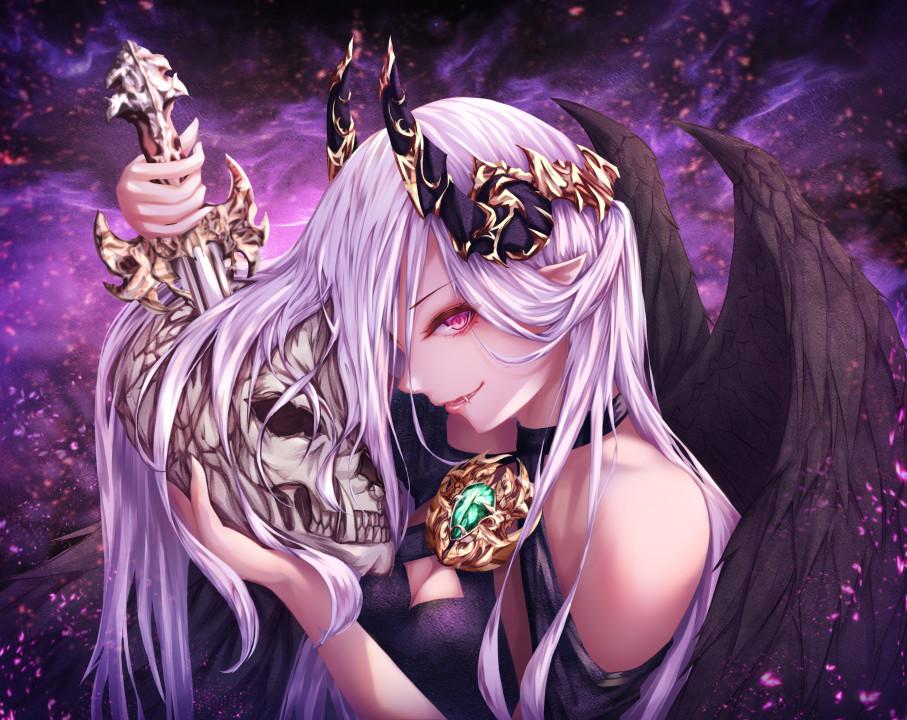 1girl black dark dark_background demon_girl demon_wings fang h2o_(dfo) holding holding_weapon horns long_hair looking_at_viewer original pink_eyes pointy_ears profile shaded_face silver_hair skull solo sword weapon wings