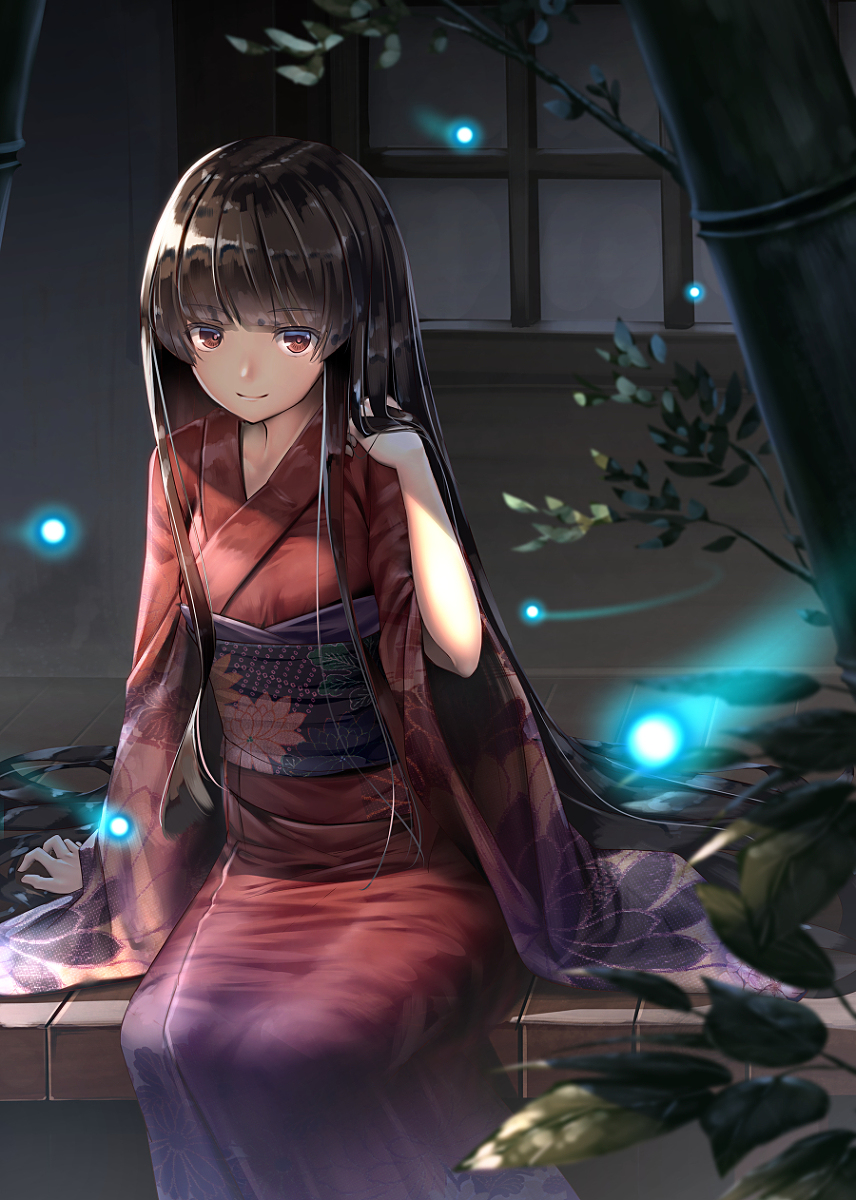 1girl alternate_costume bamboo black_hair brown_eyes commentary_request floral_print highres hime_cut houraisan_kaguya image_sample japanese_clothes kimono long_hair long_sleeves looking_at_viewer night obi outdoors plant playing_with_own_hair red_eyes red_kimono ryosios sash shiny shiny_hair sitting smile solo touhou very_long_hair wide_sleeves window