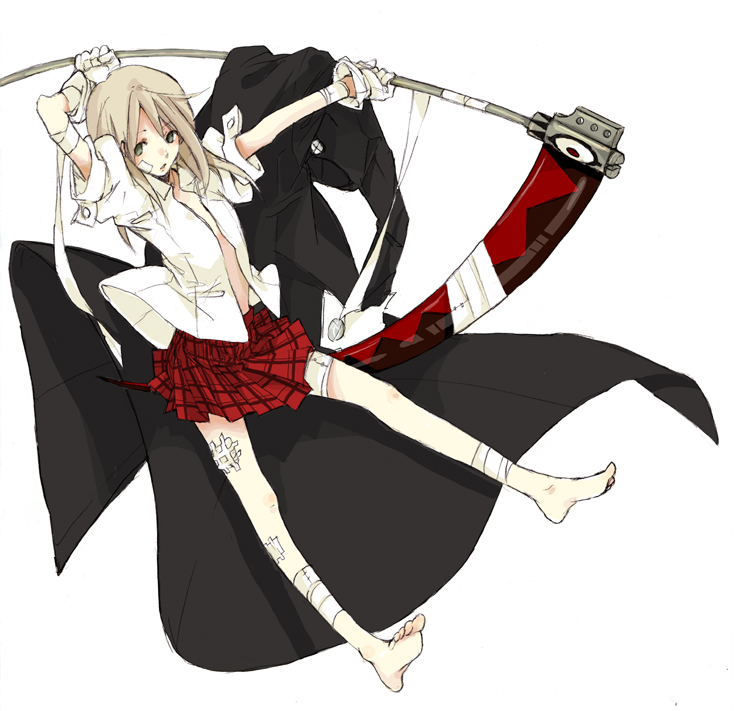 00s 1girl bandage barefoot feet flat_chest gloves green_eyes katsura_miya maka_albarn open_clothes open_shirt plaid plaid_skirt scythe shirt skirt sleeves_pushed_up solo soul_eater