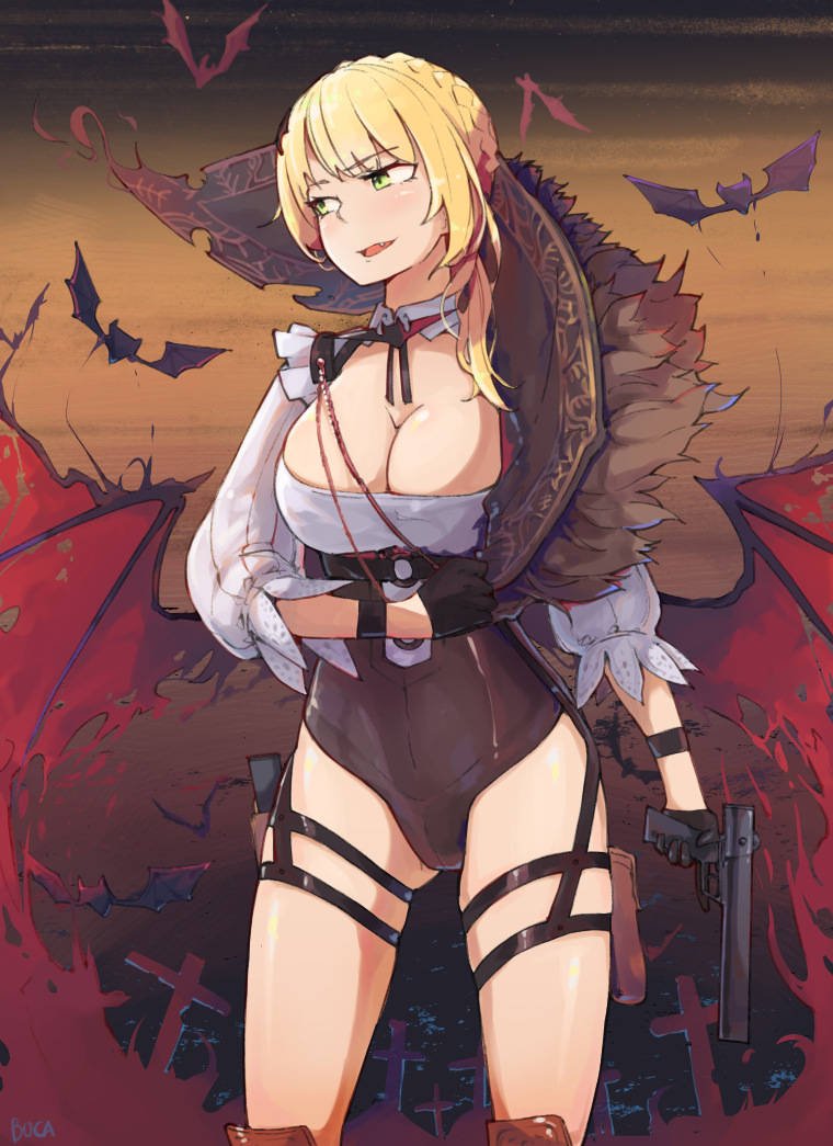 1girl alternate_costume alternate_hairstyle argyle arm_across_waist ascot bangs bat black_gloves blonde_hair blush boca boots braid breasts brown_footwear cleavage collared_shirt cowboy_shot cross dusk eyebrows_visible_through_hair eyes_visible_through_hair fangs french_braid girls_frontline gloves green_eyes gun half-closed_eyes halloween handgun high_heels holster holstered_weapon large_breasts long_sleeves looking_away o-ring open_mouth outstretched_hand red_wings reflection shiny shiny_clothes shiny_hair shirt short_hair_with_long_locks skindentation sky smile solo standing star sweatdrop thigh-highs thigh_boots thigh_holster torn_wings vampire vampire_costume weapon welrod_mk2 welrod_mk2_(girls_frontline) white_shirt wide_sleeves wing_hair_ornament wings wristband