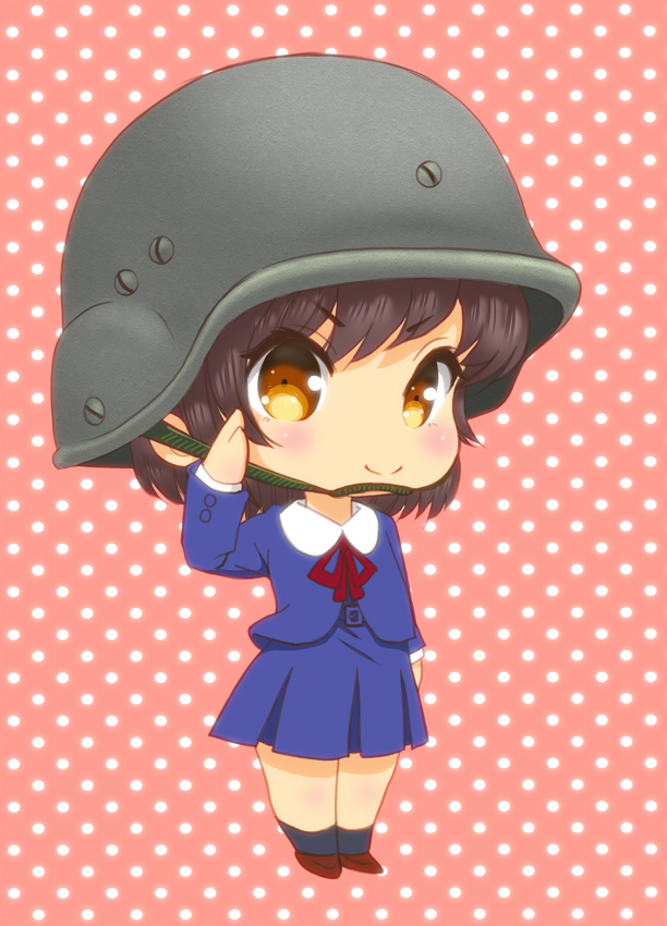 1girl :&gt; brown_eyes brown_hair helmet m_tap military original pink_background polka_dot polka_dot_background salute solo