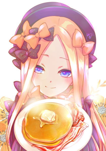 1girl abigail_williams_(fate/grand_order) bacon bangs black_bow black_dress black_hat blonde_hair blue_eyes blush bow closed_mouth commentary_request dress fate/grand_order fate_(series) flower food forehead hair_bow hat head_tilt holding holding_plate ito_machiaki_on long_hair long_sleeves looking_at_viewer orange_bow pancake parted_bangs plate polka_dot polka_dot_bow sleeves_past_wrists smile solo stack_of_pancakes white_background yellow_flower