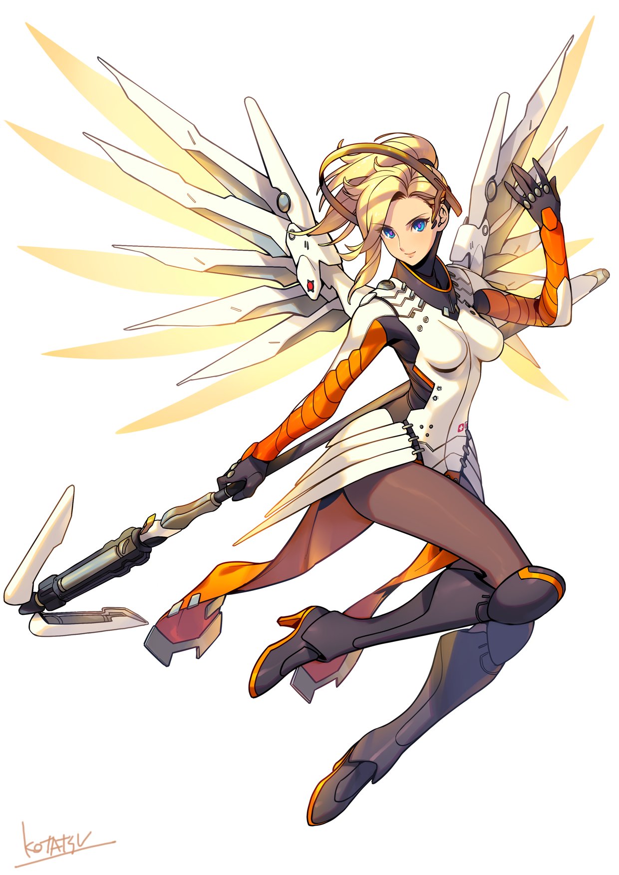 1girl black_footwear blonde_hair blue_eyes bodysuit boots breasts brown_legwear closed_mouth full_body hand_up high_heel_boots high_heels highres holding holding_weapon impossible_bodysuit impossible_clothes knee_boots kotatsu_(g-rough) looking_at_viewer mechanical_wings medium_breasts mercy_(overwatch) overwatch pantyhose ponytail purple_pupils simple_background smile solo staff waist_cape weapon white_background white_bodysuit wings