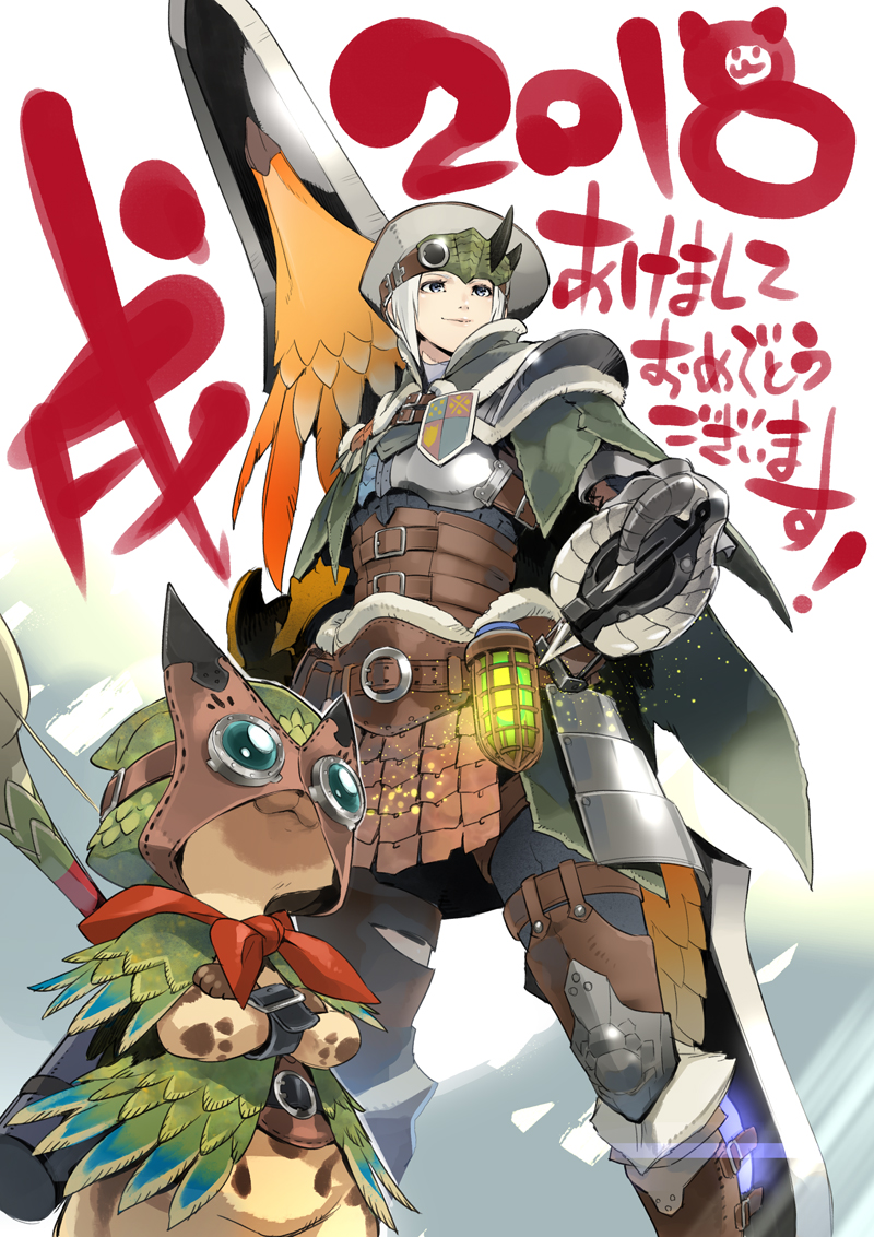 1girl 2018 armor armored_boots belt blue_eyes boots breastplate capelet cat closed_mouth cowboy_shot crossed_arms felyne fur fuse_ryuuta gauntlets glowing goggles greaves hands_on_hips hat headband hood hood_up hunter_(armor) insect_cage insect_glaive looking_afar medium_hair monster_hunter monster_hunter:_world pauldrons paw_print polearm pukei-pukei_(armor) smile standing weapon weapon_on_back white_hair