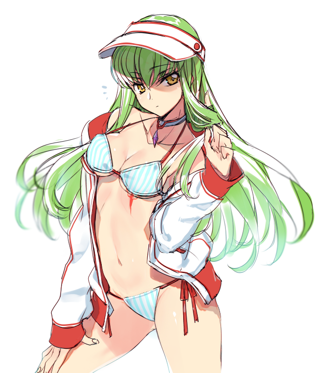 1girl bikini breasts c.c. cleavage code_geass collarbone cowboy_shot creayus detached_collar eyebrows_visible_through_hair gem gluteal_fold green_hair hair_twirling hand_on_own_thigh hat jacket legs_apart long_hair long_sleeves looking_at_viewer medium_breasts navel open_clothes open_jacket scar side-tie_bikini simple_background sketch solo standing stomach striped swimsuit track_jacket tsurime vertical-striped_bikini vertical_stripes very_long_hair visor_cap white_background white_jacket yellow_eyes