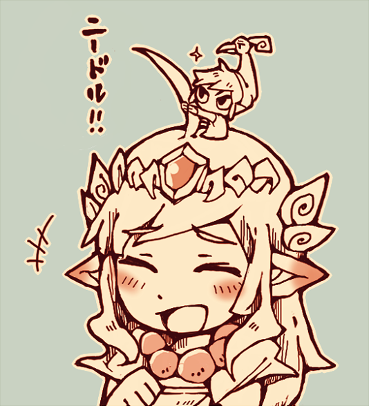1boy 1girl blush_stickers closed_eyes laughing link long_hair miniboy open_mouth pointy_ears princess_zelda size_difference teijiro the_legend_of_zelda the_legend_of_zelda:_the_minish_cap tiara toon_link