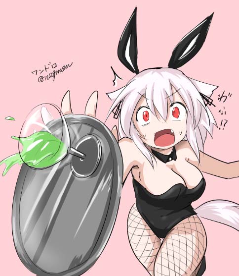 1girl animal_ears breasts bunnysuit cleavage detached_collar drink eyebrows_visible_through_hair fake_animal_ears fang fishnet_pantyhose fishnets foreshortening inubashiri_momiji large_breasts looking_at_viewer medium_hair open_mouth pantyhose rabbit_ears red_eyes sideboob silver_hair spilling sweatdrop tail taurine_8000mg touhou translation_request tray twitter_username wolf_ears wolf_tail