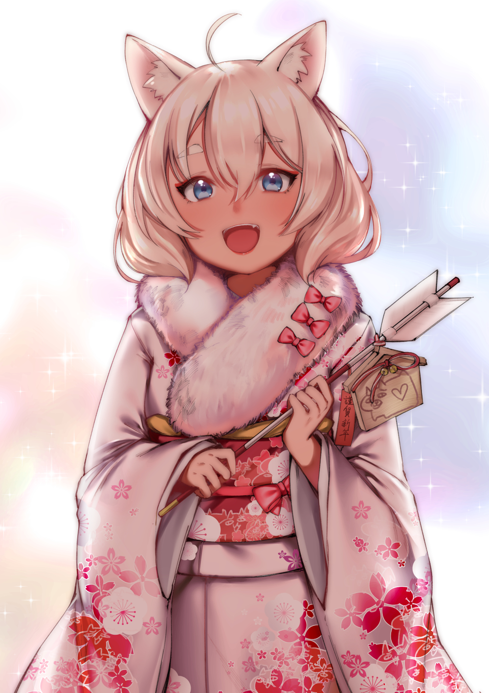 1girl :d ahoge animal_ears arrow backlighting bell blonde_hair blue_eyes blush bow cat_ears cowboy_shot ema eyebrows_visible_through_hair fang fur_collar fur_trim gradient gradient_background hair_between_eyes hamaya highres holding_arrow japanese_clothes jingle_bell kimono long_sleeves multicolored multicolored_background obi open_mouth original pink_bow red_ribbon ribbon sash shiny shiny_hair short_hair smile solo sparkle standing sunege_(hp0715) translated upper_body white_kimono wide_sleeves