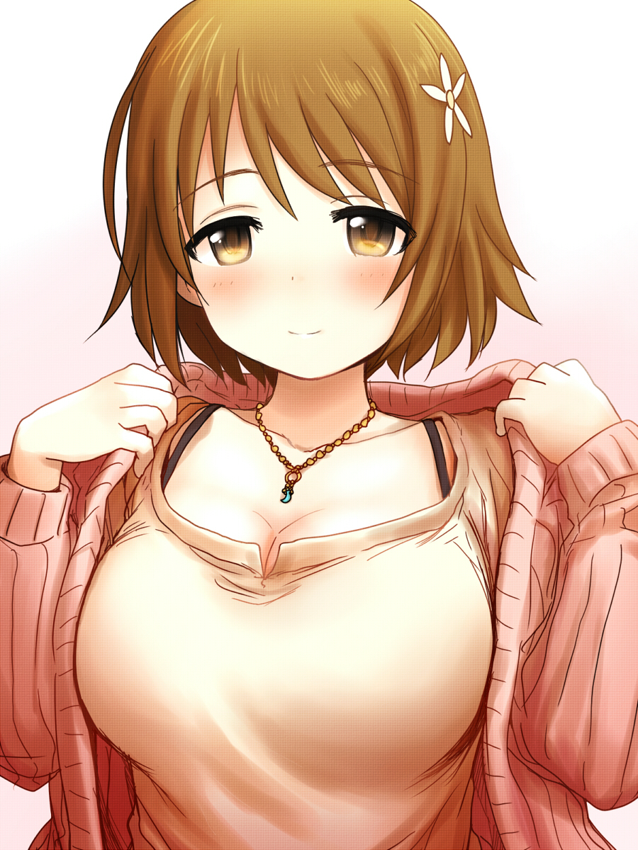 1girl breasts brown_eyes brown_hair cleavage commentary_request eyebrows_visible_through_hair flower hair_flower hair_ornament highres idolmaster idolmaster_cinderella_girls jewelry large_breasts mimura_kanako necklace sakaki_imasato short_hair solo