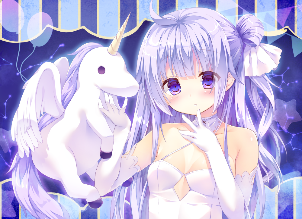 1girl ahoge azur_lane bangs blush commentary_request constellation dress elbow_gloves eyebrows_visible_through_hair gloves hair_bun hair_ribbon halterneck kinokomushi long_hair looking_at_viewer one_side_up parted_lips purple_hair ribbon side_bun solo stuffed_animal stuffed_pegasus stuffed_toy stuffed_unicorn unicorn_(azur_lane) very_long_hair violet_eyes white_dress white_gloves white_ribbon