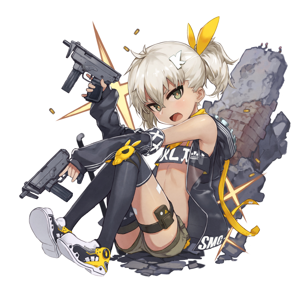 1girl asymmetrical_legwear bandanna black_legwear bright_pupils dark_skin dark_skinned_male detached_sleeves fang flat_chest full_body girls_frontline green_eyes gun hair_between_eyes hair_ornament head_tilt klin_(girls_frontline) knee_pads kylin looking_at_viewer midriff open_mouth pinky_out shell_casing shoes short_hair short_ponytail short_shorts shorts simple_background sitting sleeves_past_wrists sneakers solo strapless submachine_gun thigh-highs thigh_strap trigger_discipline tubetop weapon white_background