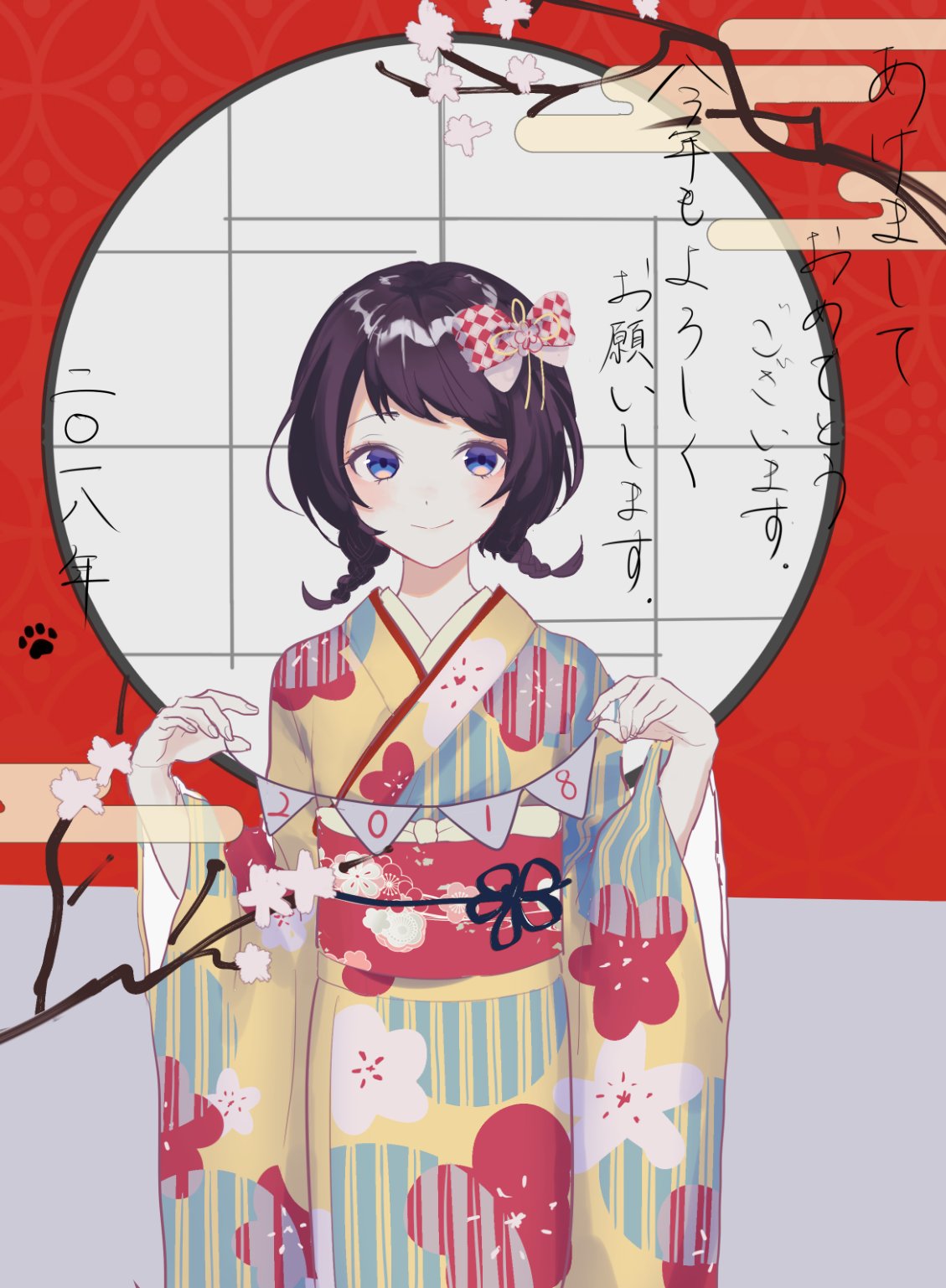 1girl 2018 bangs black_hair blue_eyes blue_kimono blush braid cherry_blossoms closed_mouth fingernails highres japanese_clothes kimono long_sleeves looking_at_viewer multicolored multicolored_clothes multicolored_kimono new_year obi original p2_(uxjzz) sash short_hair smile solo translated twin_braids upper_body wide_sleeves yellow_kimono