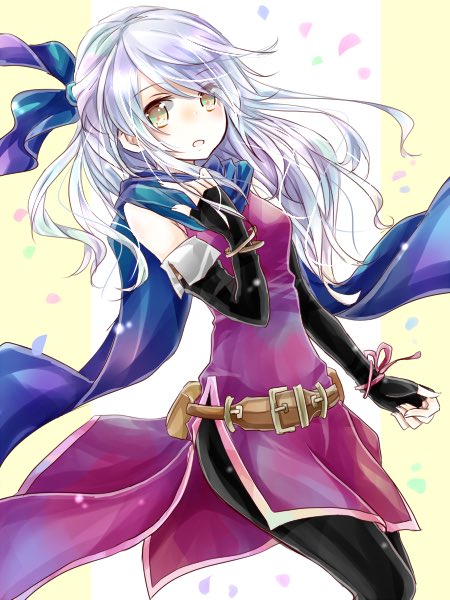 bangle bare_shoulders belt black_gloves blue_scarf bracelet dress elbow_gloves fingerless_gloves fire_emblem fire_emblem:_akatsuki_no_megami gloves half_updo hand_on_own_chest jewelry micaiah pantyhose scarf side_slit silver_hair sleeveless sleeveless_dress yellow_eyes yuyu_(spika)