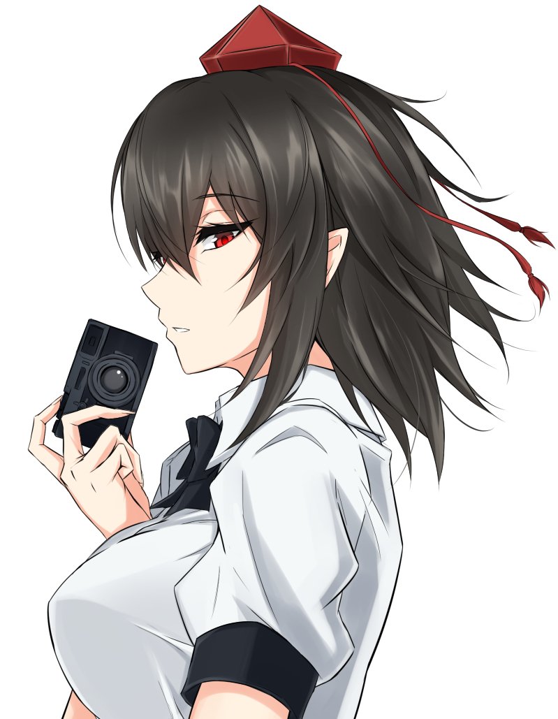 1girl black_bow black_hair black_neckwear bow breasts camera commentary_request from_side hat holding holding_camera looking_at_viewer medium_breasts neck_bow parted_lips piro_(iiiiiiiiii) pointy_ears puffy_short_sleeves puffy_sleeves red_eyes shameimaru_aya shirt short_hair short_sleeves sidelocks simple_background solo tassel tokin_hat touhou upper_body white_background white_shirt
