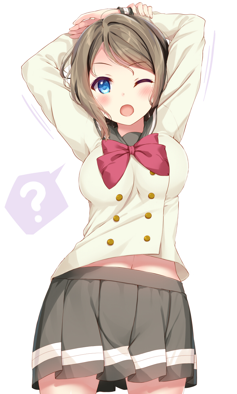 1girl ;o ? arms_behind_head arms_up bangs blue_eyes blush bow bowtie breasts brown_hair cowboy_shot eyebrows_visible_through_hair grey_skirt highres komone_ushio legs_apart long_sleeves love_live! love_live!_sunshine!! medium_breasts motion_lines one_eye_closed open_mouth pleated_skirt red_bow red_neckwear school_uniform serafuku short_hair simple_background skirt solo speech_bubble spoken_question_mark standing stretch swept_bangs uranohoshi_school_uniform watanabe_you white_background