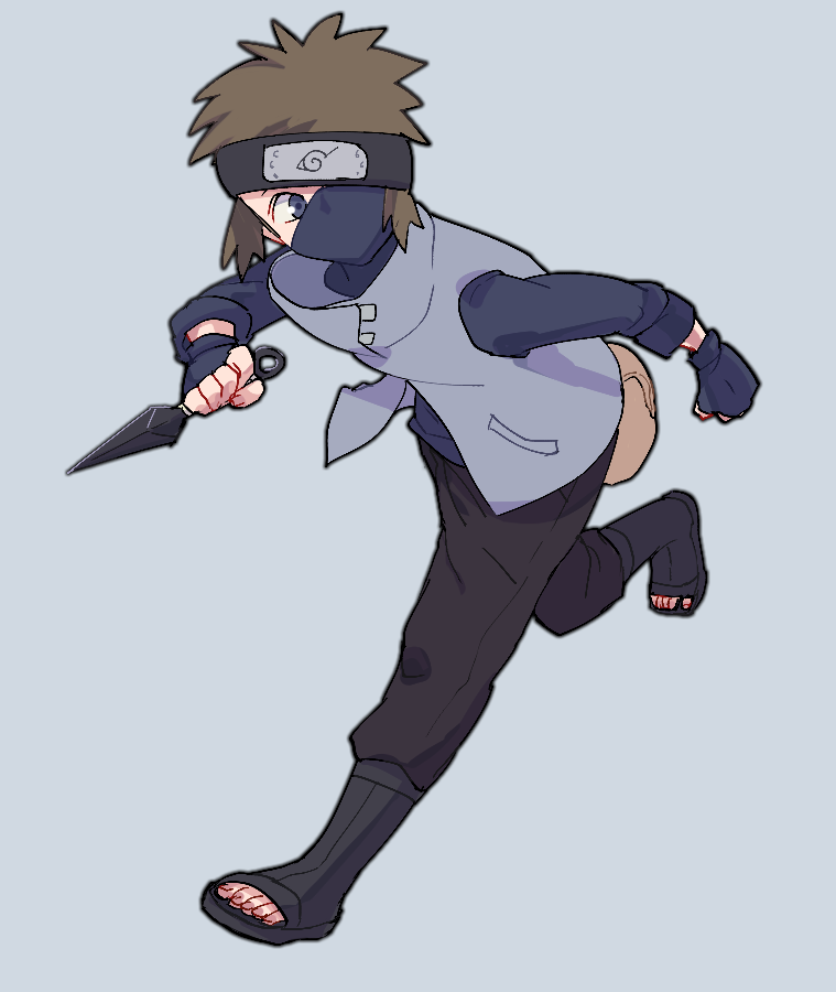 1boy blue_eyes boruto:_naruto_next_generations brown_hair fingerless_gloves forehead_protector gloves grey_background kunai male_focus naruto one_eye_covered simple_background solo taketori_houki weapon