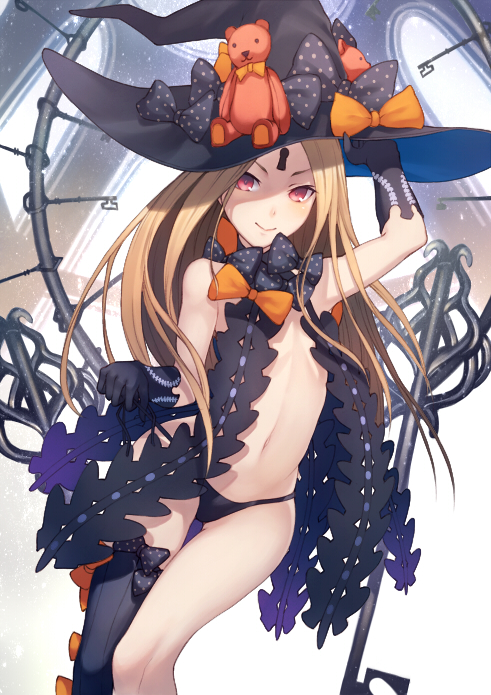 1girl abigail_williams_(fate/grand_order) arm_up armpits bangs bare_shoulders black_bow black_gloves black_hat black_legwear black_panties black_ribbon blonde_hair blush bow closed_mouth elbow_gloves facial_mark fate/grand_order fate_(series) flat_chest forehead_mark gloves hand_on_headwear hat hat_bow key kyoeiki long_hair looking_at_viewer navel orange_bow panties parted_bangs polka_dot polka_dot_bow red_eyes revealing_clothes ribbon side-tie_panties single_thighhigh smile solo stomach stuffed_animal stuffed_toy teddy_bear thigh-highs underwear untying very_long_hair witch_hat