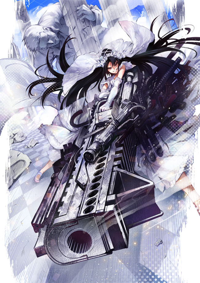 1girl black_hair bridal_veil bride dress elbow_gloves flower gloves gun huge_weapon long_hair momiji_mao original pillar red_eyes smoke smoking_gun solo statue veil weapon wedding_dress