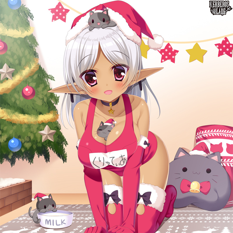 1girl :3 :d =_= all_fours alternate_color_school_swimsuit animal animal_between_breasts animal_on_head bangs bare_shoulders between_breasts black_choker blush bowl breasts cat cat_on_head christmas christmas_ornaments christmas_tree cleavage closed_eyes collarbone copyright_name dark_elf elbow_gloves elf eyebrows_visible_through_hair fur-trimmed_gloves fur-trimmed_hat fur-trimmed_legwear fur_trim gloves hat indoors kerberos_blade large_breasts long_hair milk name_tag on_head one-piece_swimsuit open_mouth parted_bangs pointy_ears polka_dot red_eyes red_gloves red_hat red_legwear red_swimsuit santa_hat school_swimsuit silver_hair smile solo star stuffed_animal stuffed_cat stuffed_toy swimsuit thigh-highs yuyumatsu